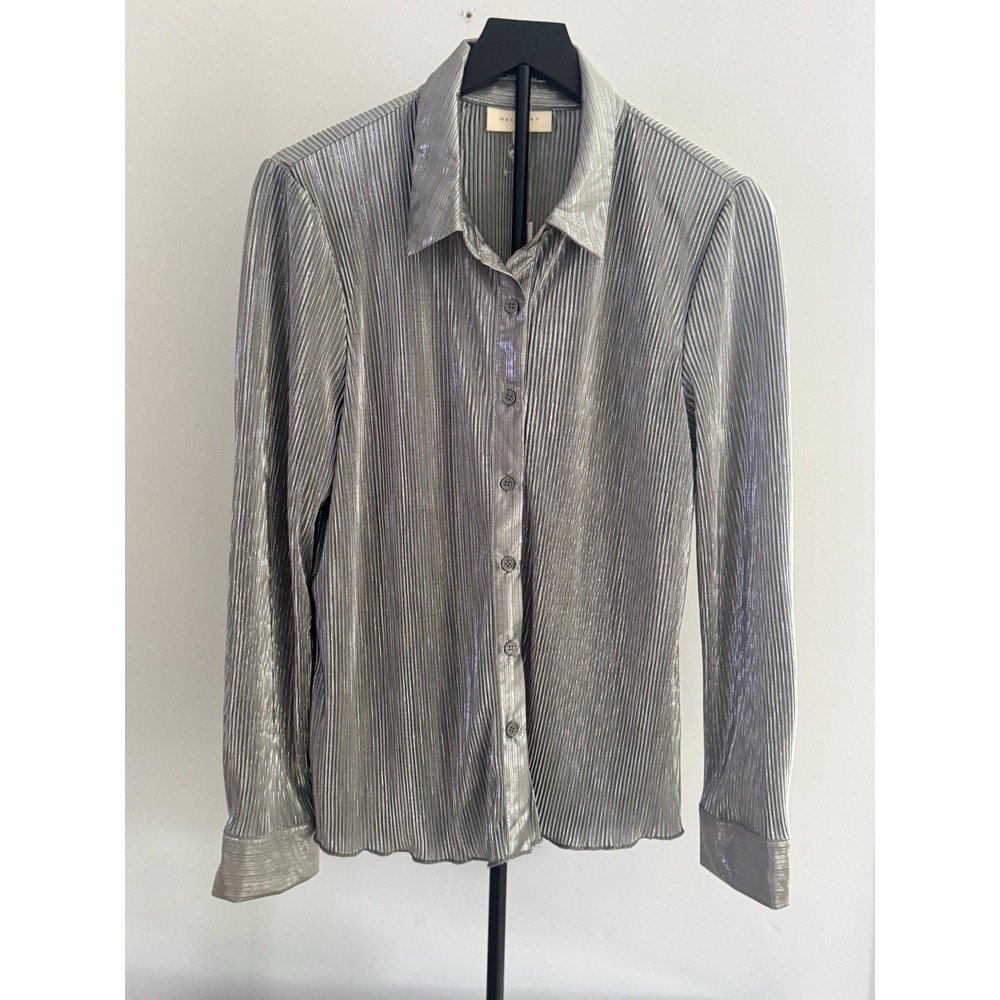 NWT MELLODAY‎ Silver Crinkle Pleated Metallic Button Front Blouse Top XL Shimmer